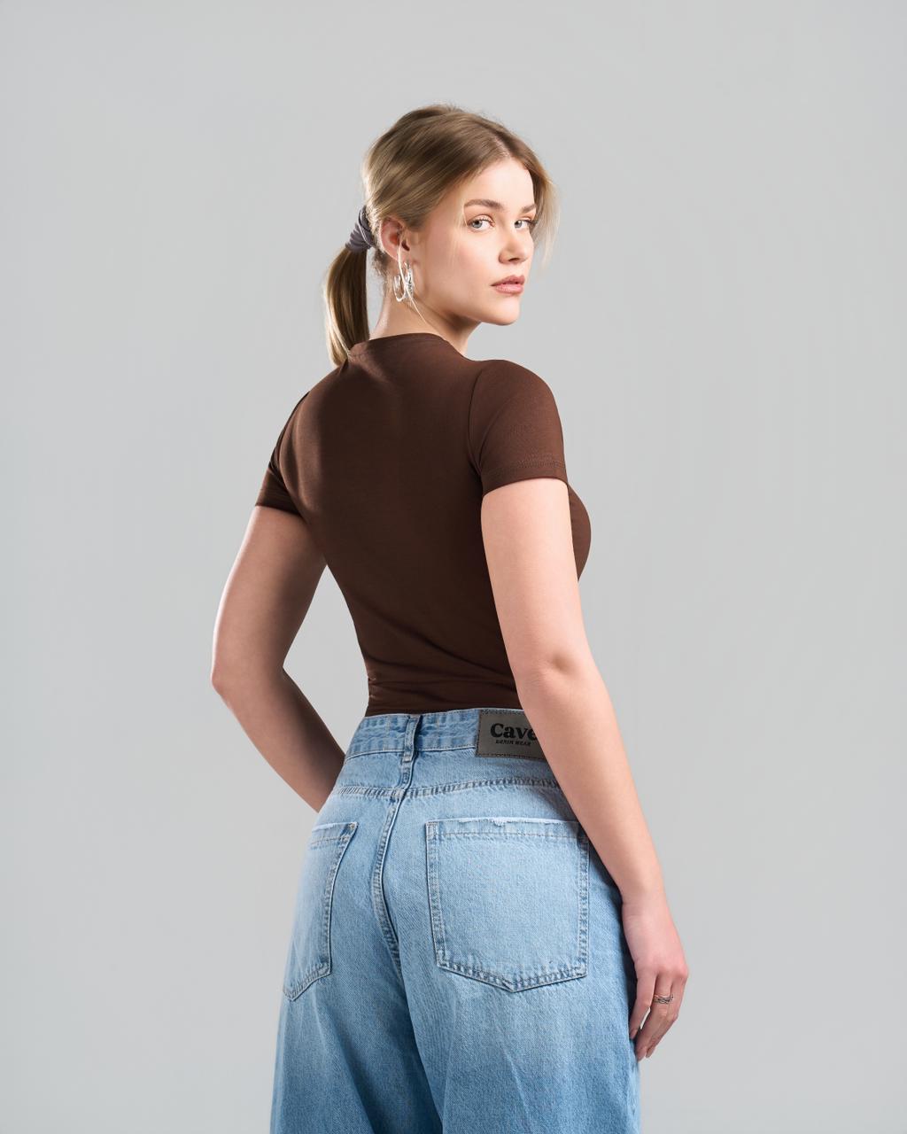 U-Neck Short Sleeve Brown Top