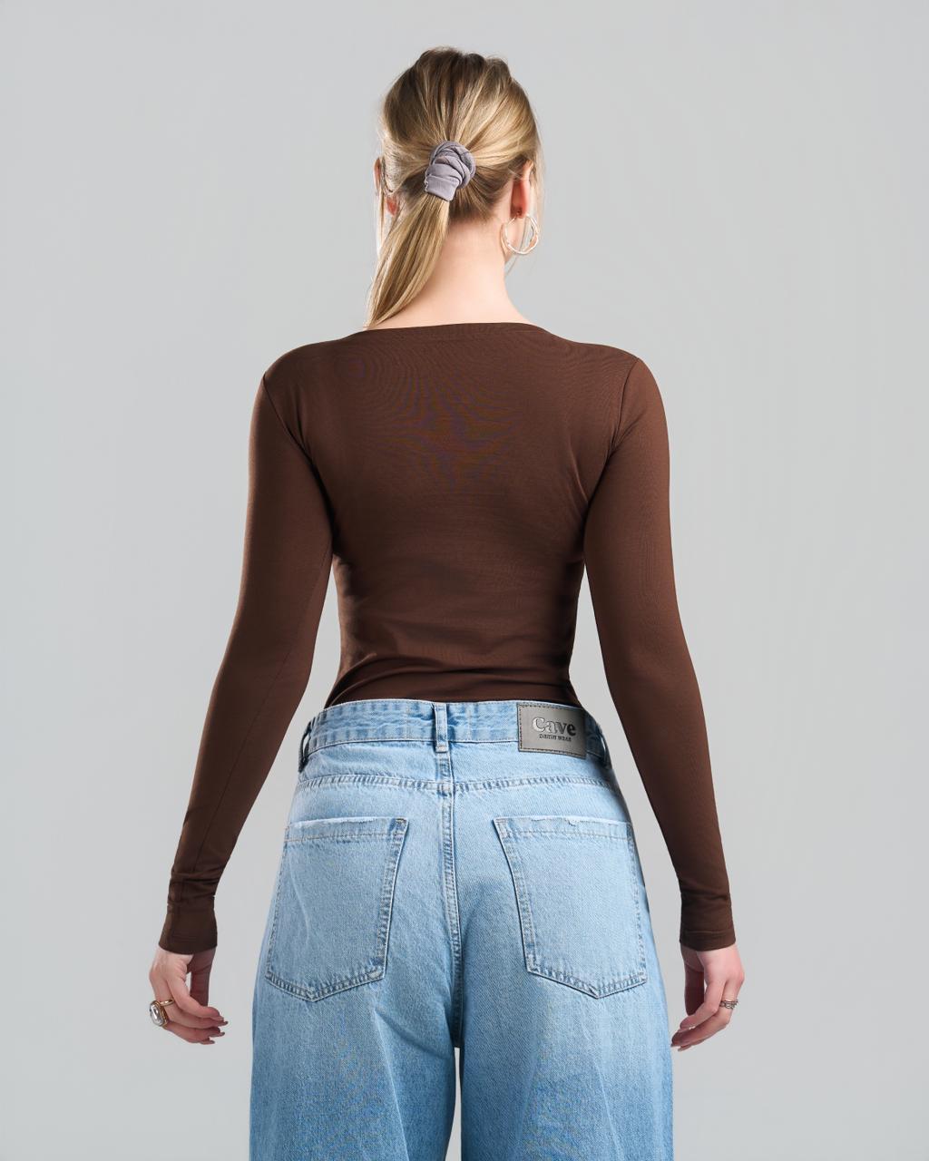 Round Long Sleeve Brown Top