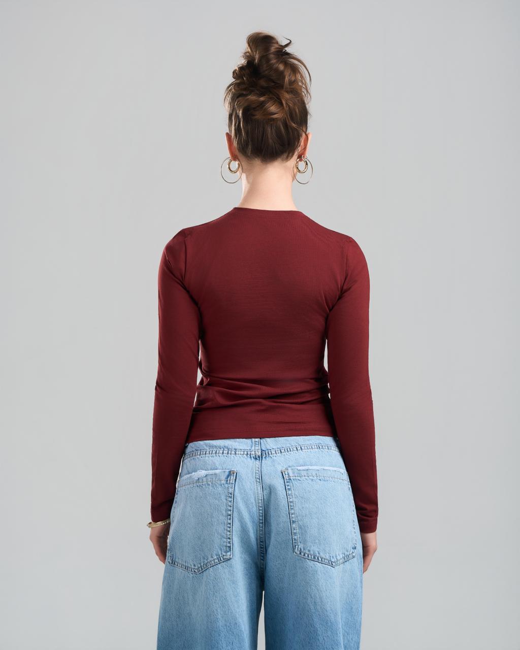 U-Neck Long Sleeve Burgundy Top