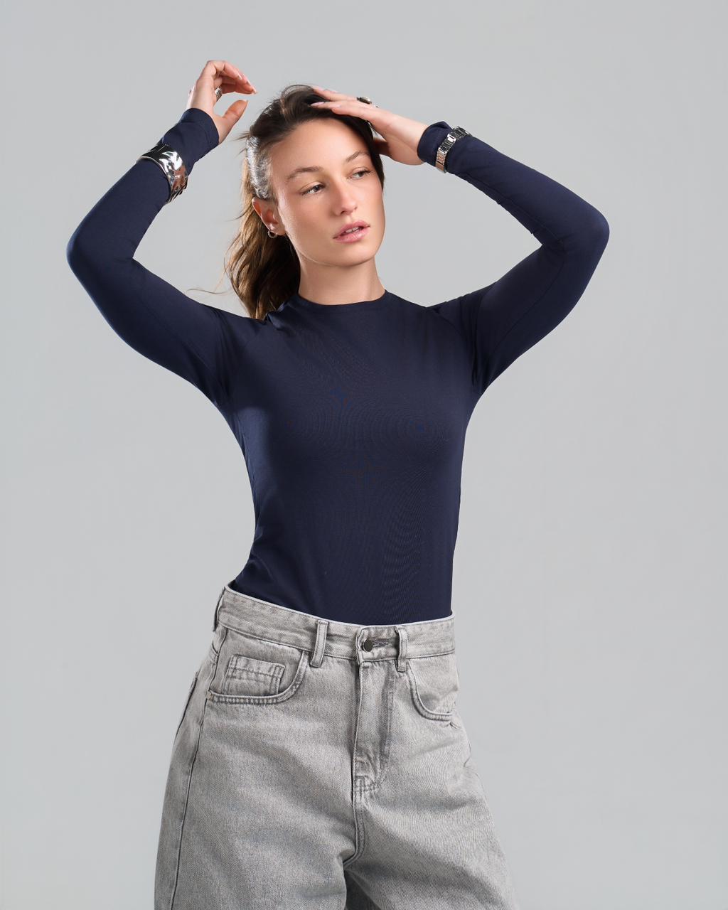 U-Neck Long Sleeve NavyBlue Top