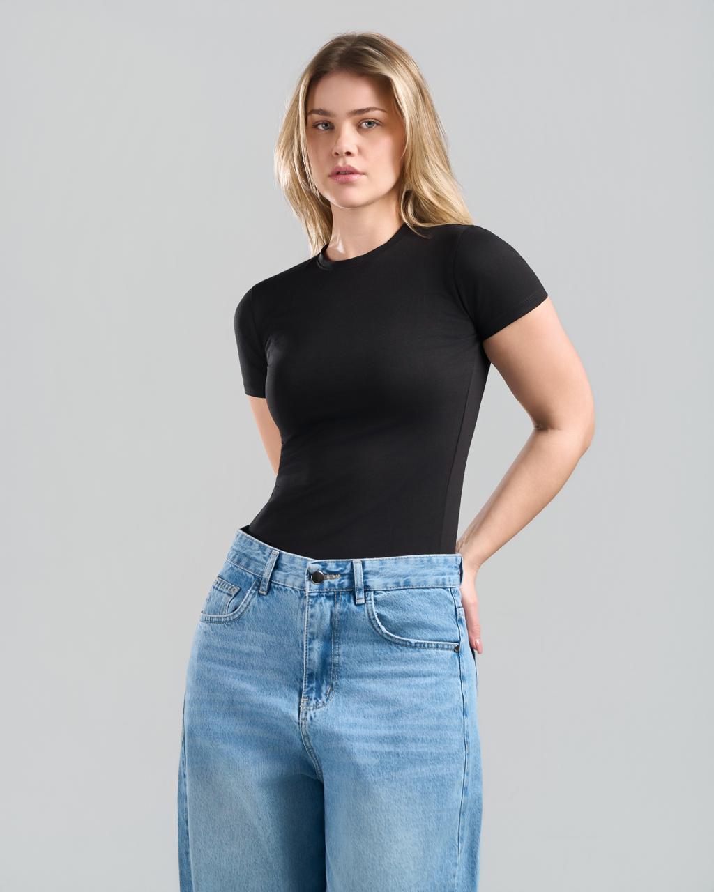 U-Neck Short Sleeve Black Top