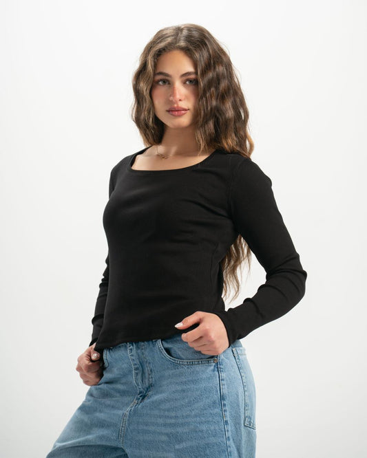 ribbed square neck black LS top
