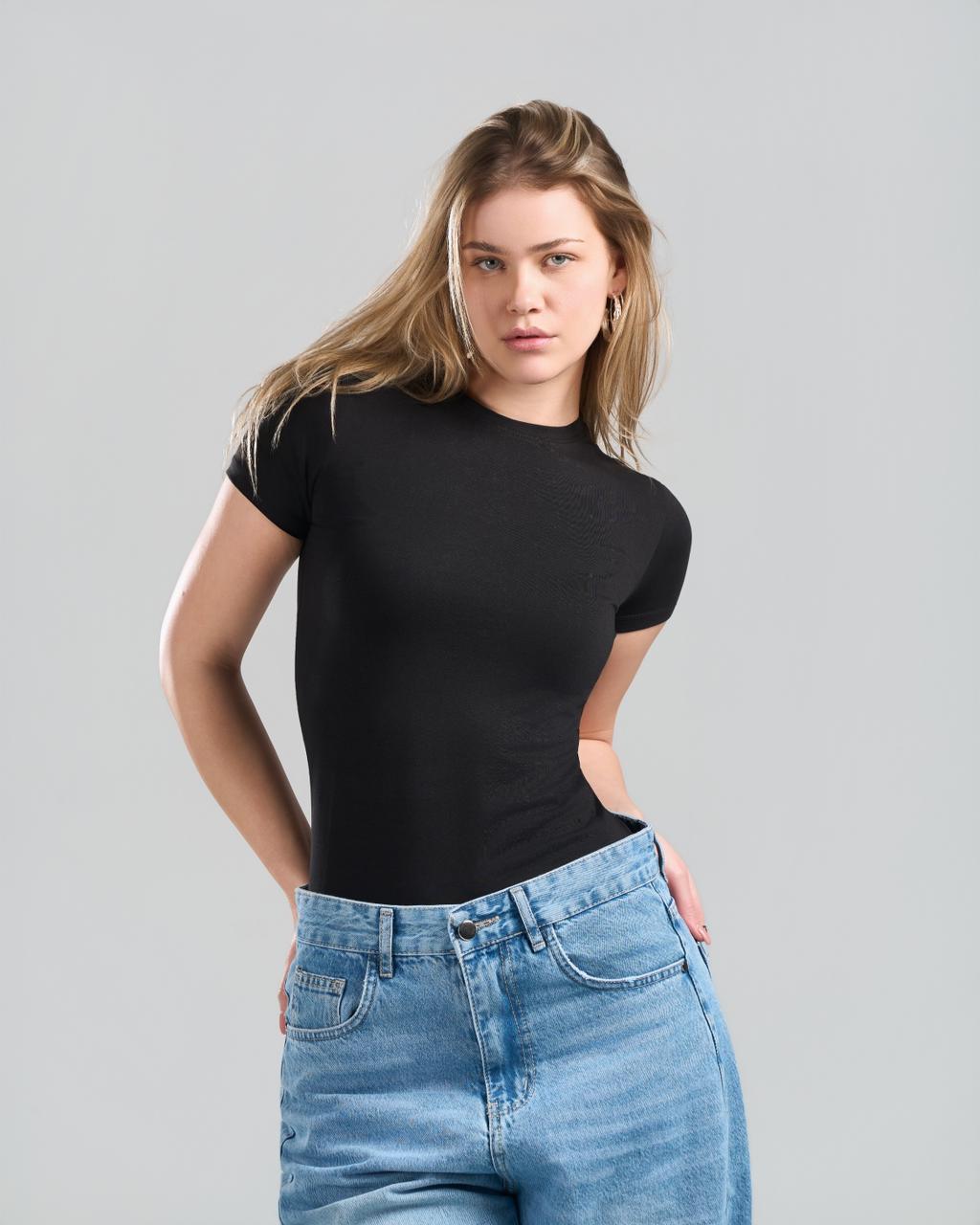 U-Neck Short Sleeve Black Top
