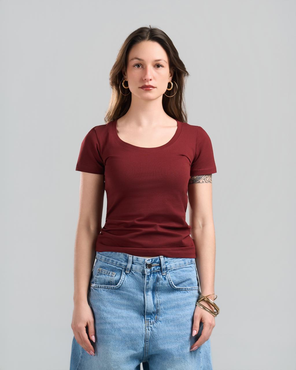Round Short Sleeve Burgundy Top