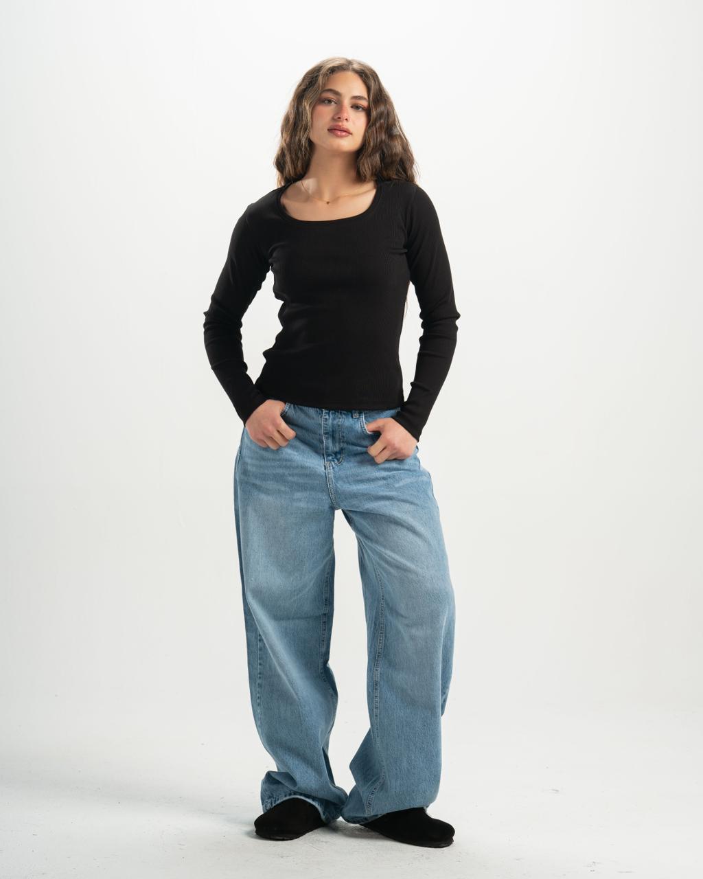 ribbed square neck black LS top