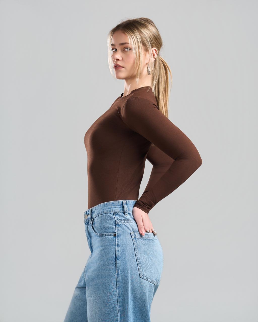 U-Neck Long Sleeve Brown Top