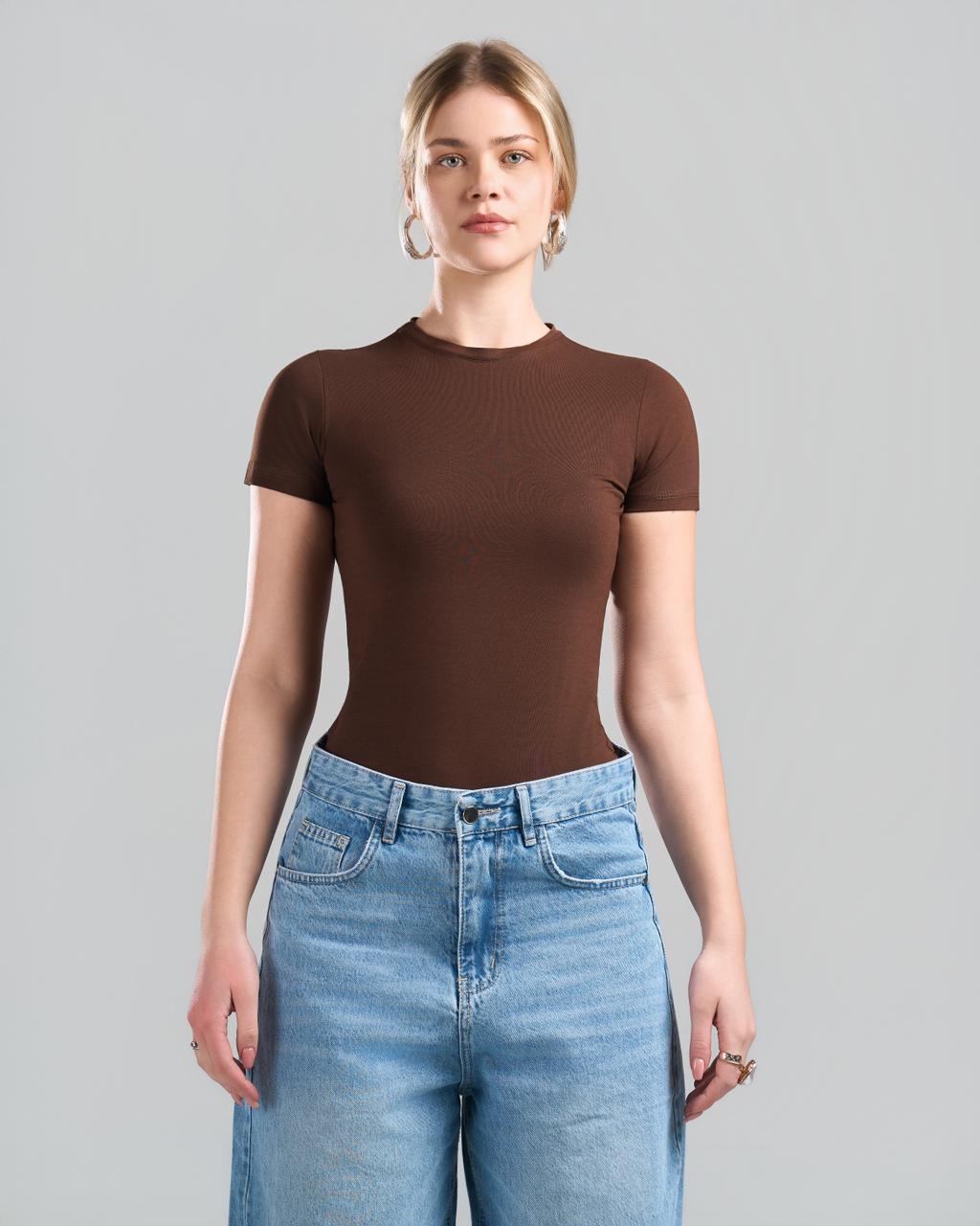 U-Neck Short Sleeve Brown Top