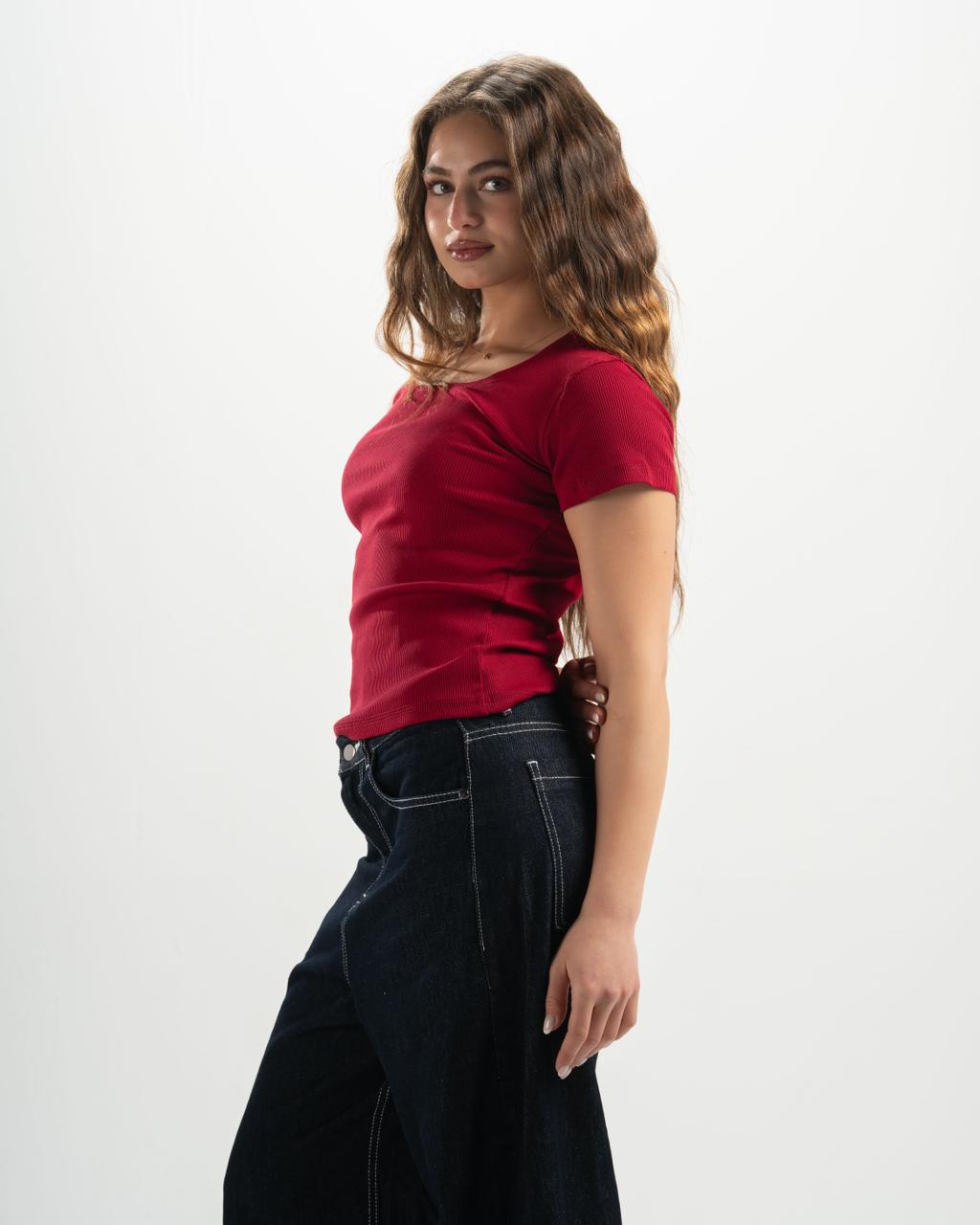 ribbed square neck red SS top
