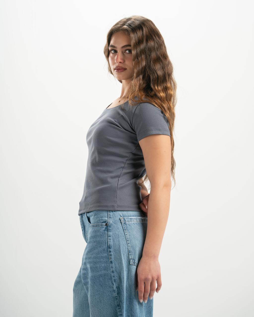 ribbed square neck grey SS top