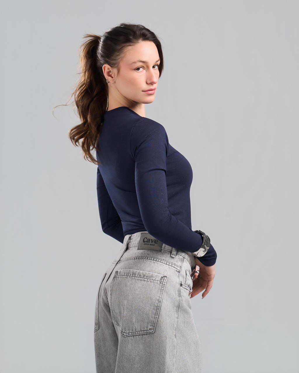 U-Neck Long Sleeve NavyBlue Top