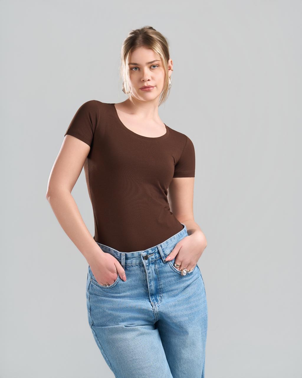 Round Short Sleeve Brown Top