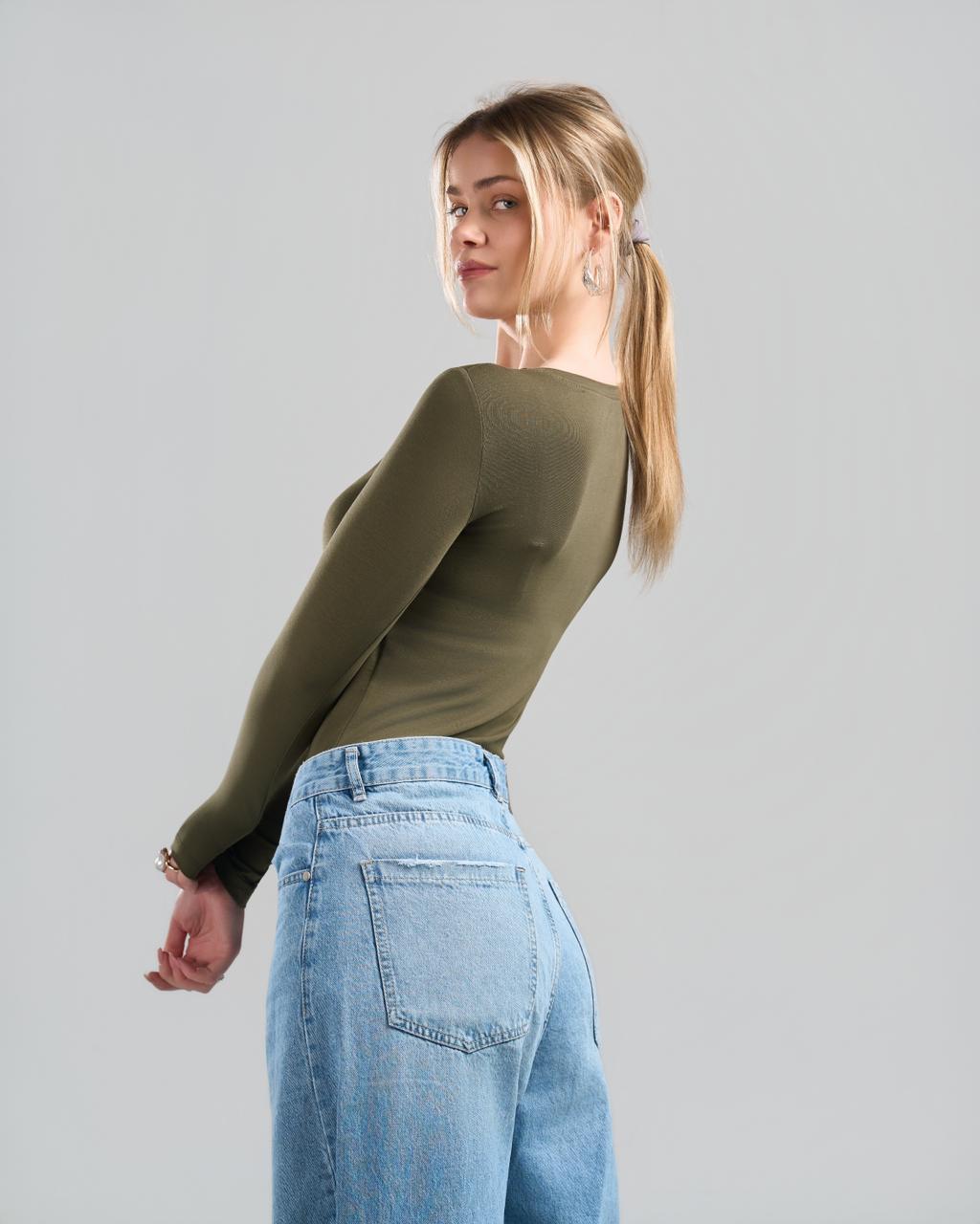 Round Long Sleeve OliveGreen Top