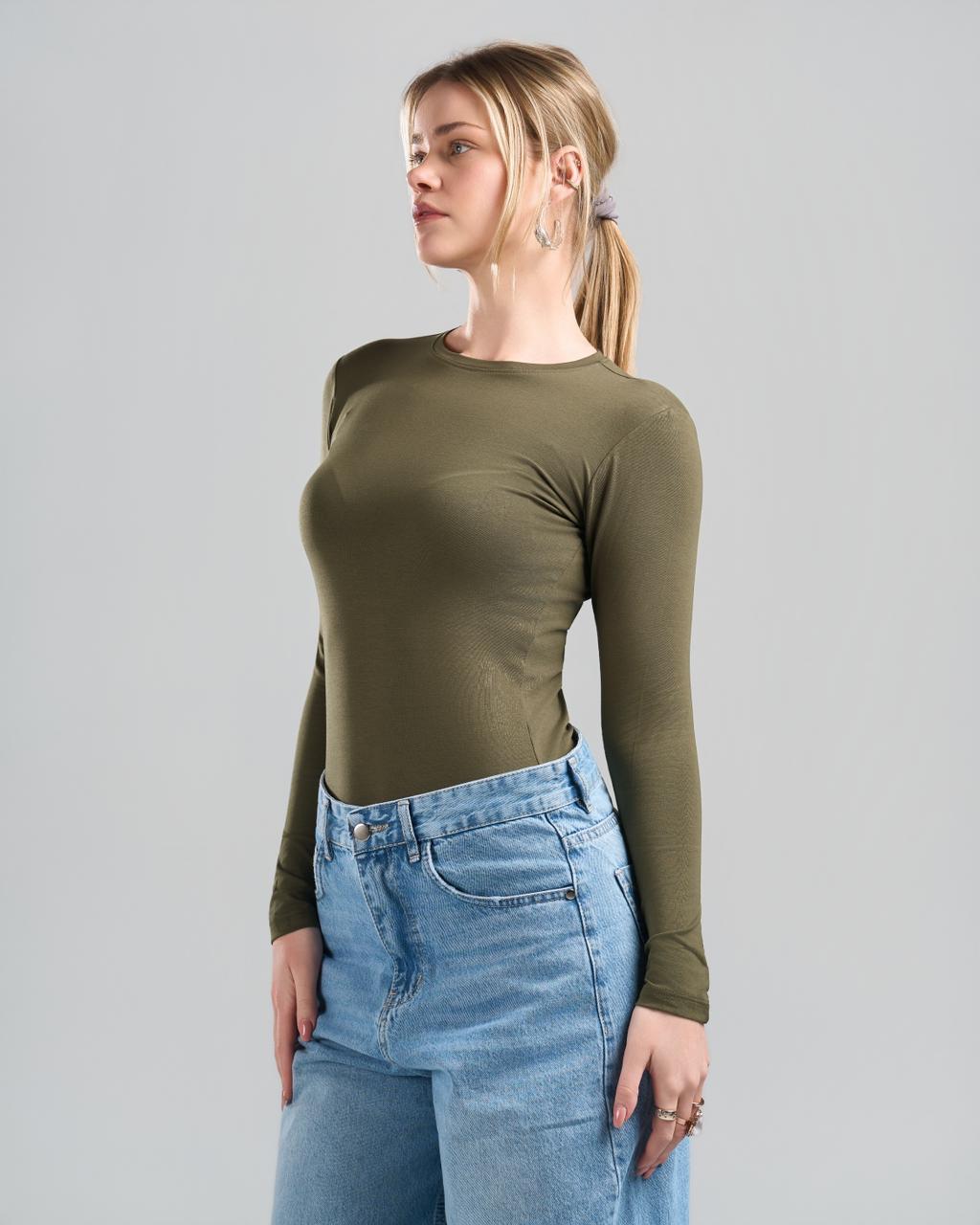U-Neck Long Sleeve OliveGreen Top