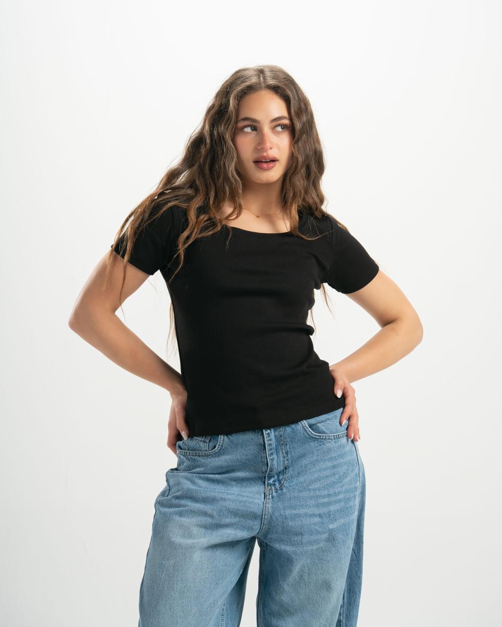 ribbed square neck black SS top