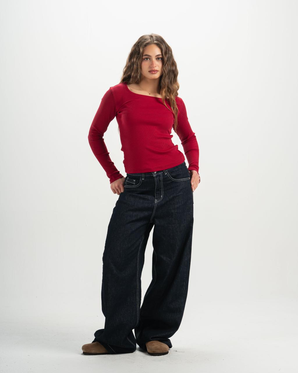 ribbed square neck red LS top