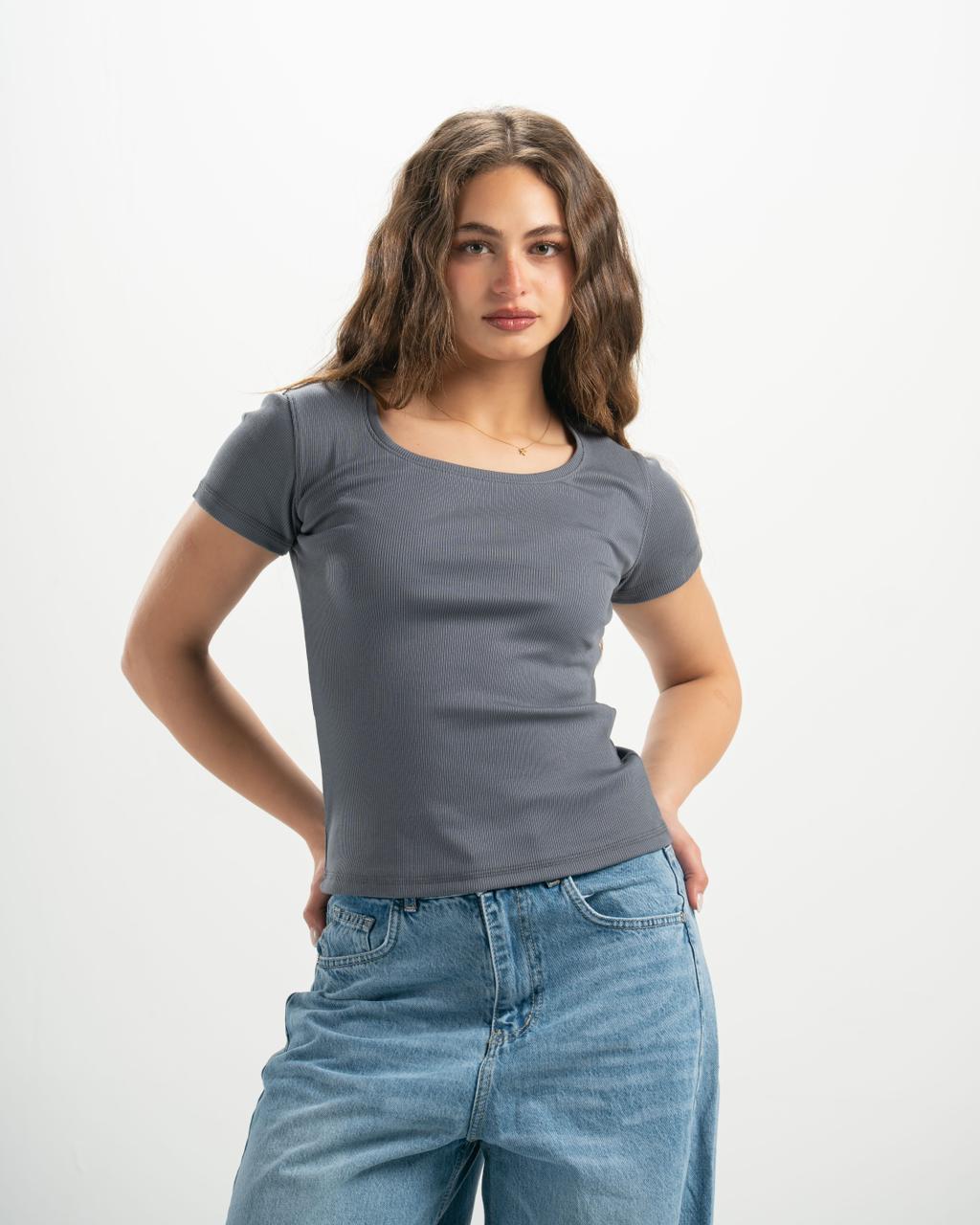 ribbed square neck grey SS top