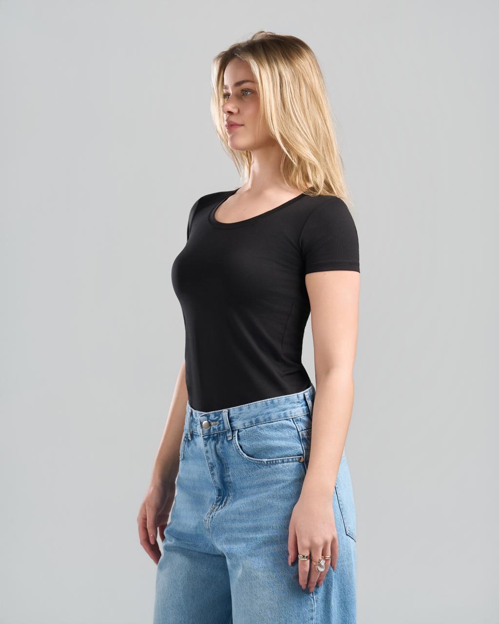 Round Short Sleeve Black Top