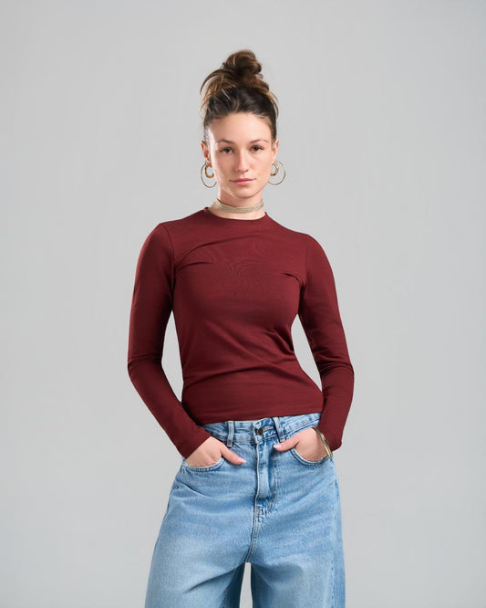 U-Neck Long Sleeve Burgundy Top