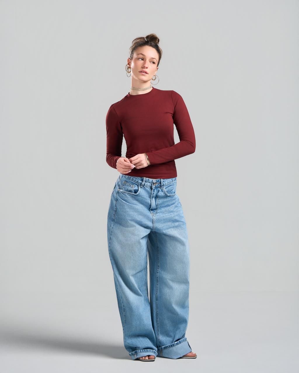 U-Neck Long Sleeve Burgundy Top