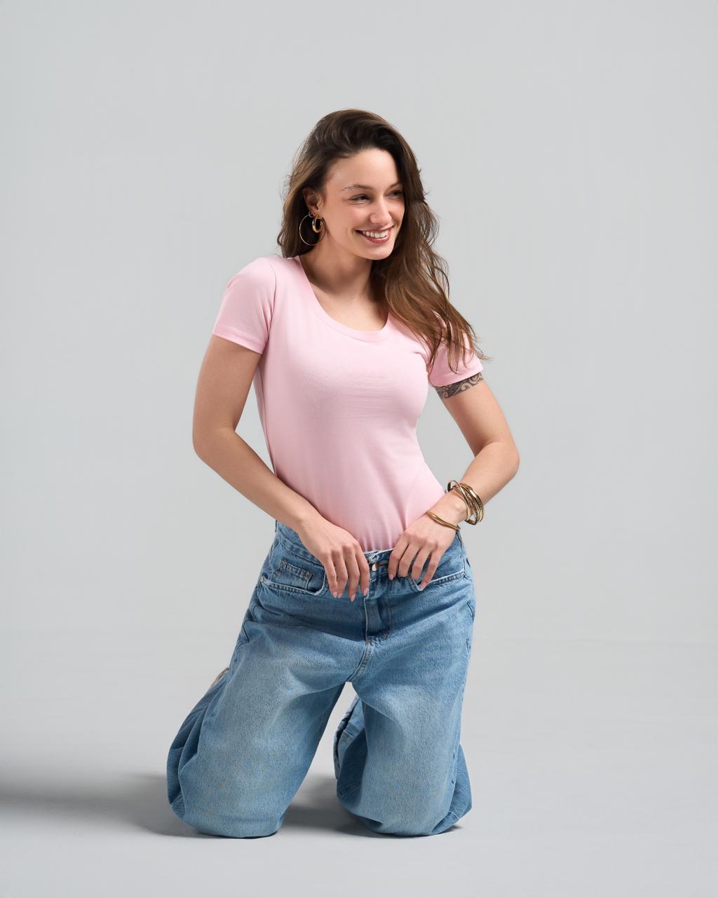 Round Short Sleeve Pink Top