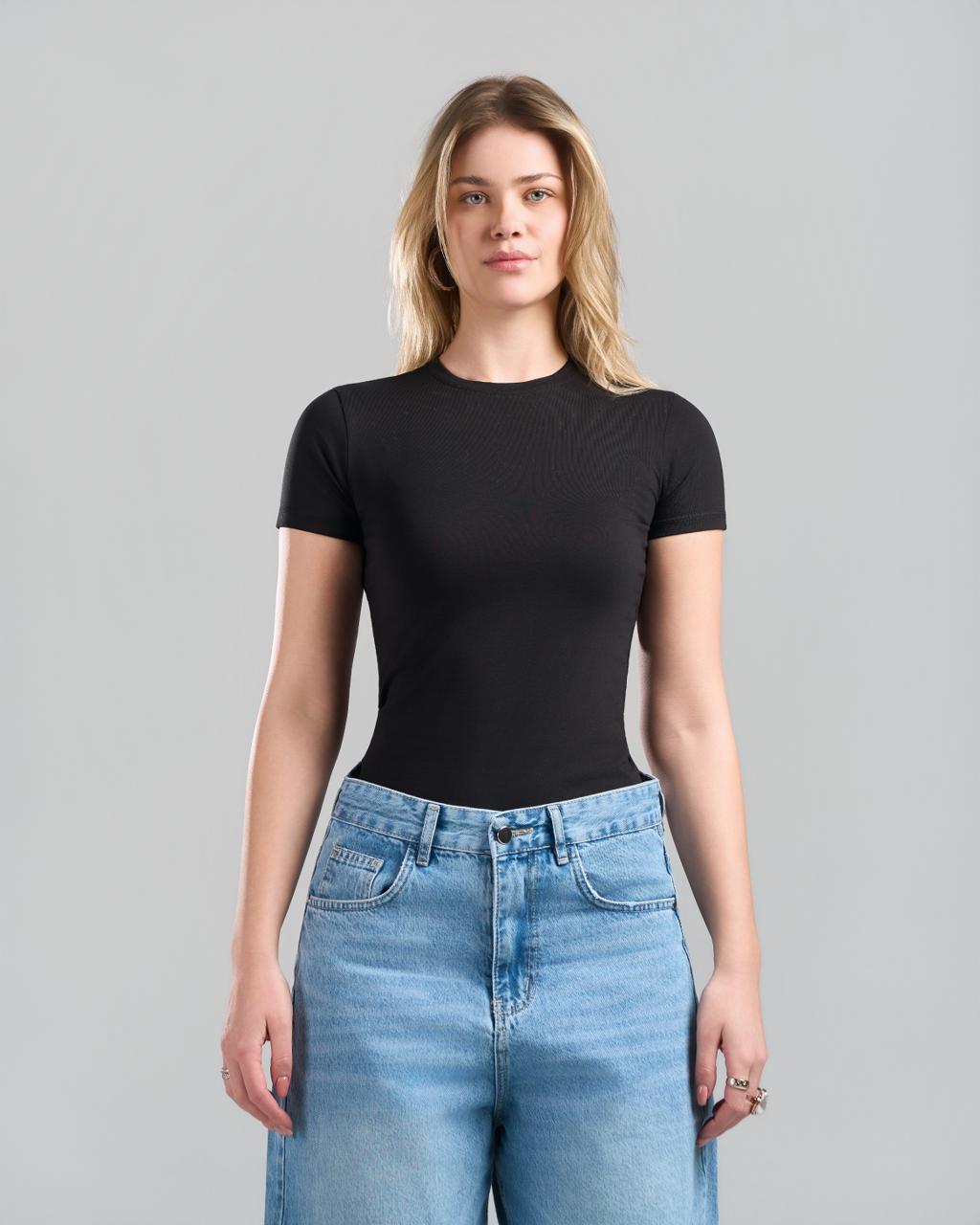 U-Neck Short Sleeve Black Top