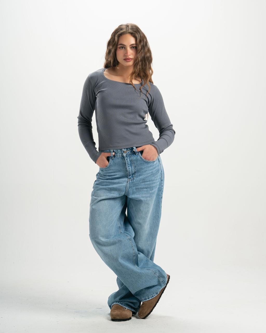ribbed square neck grey LS top