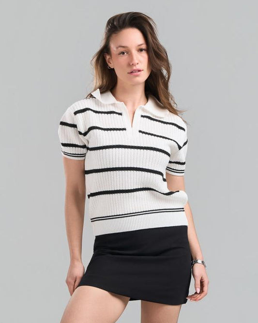 Stripe knit polo white