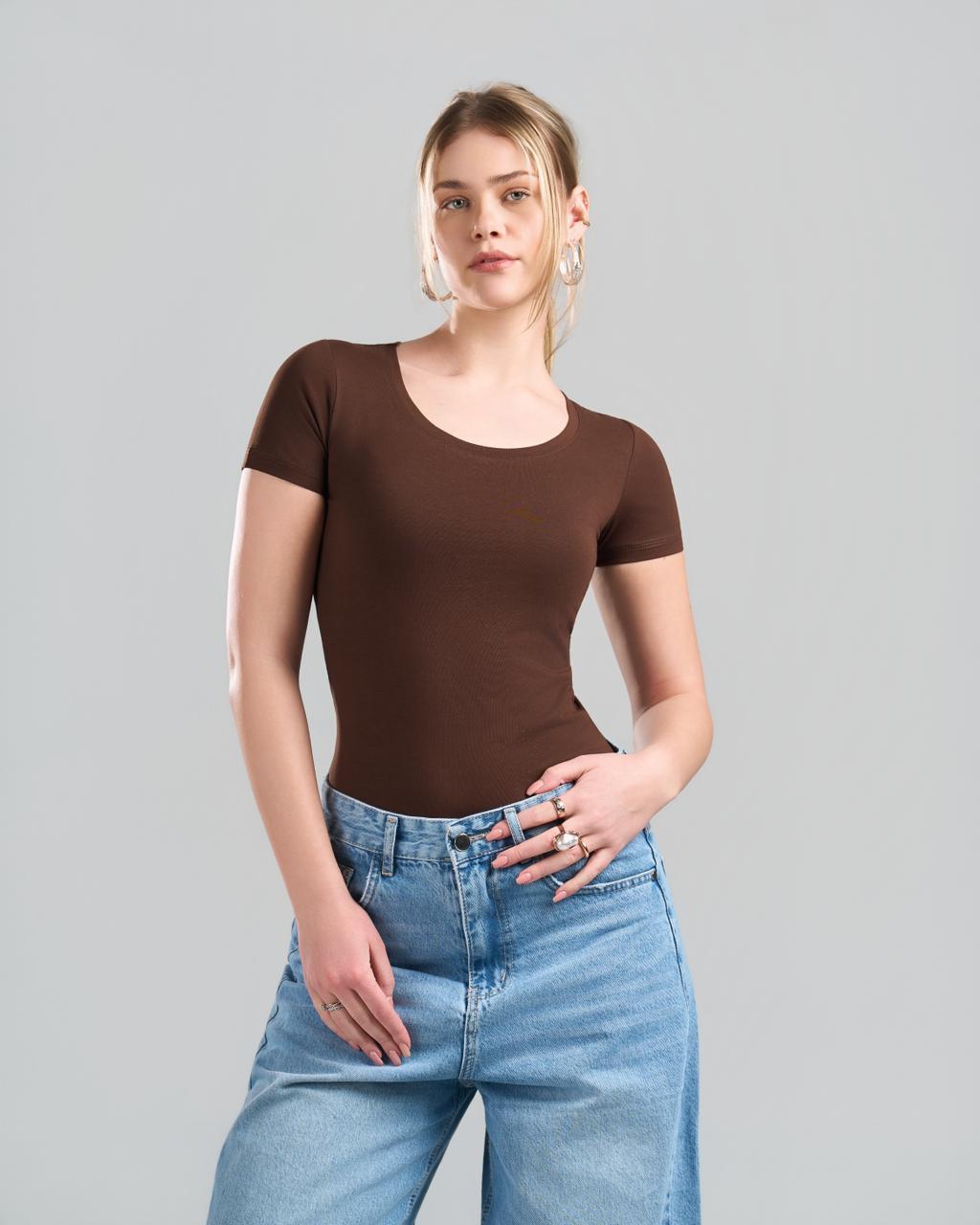 Round Short Sleeve Brown Top
