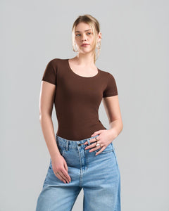Round Short Sleeve Brown Top