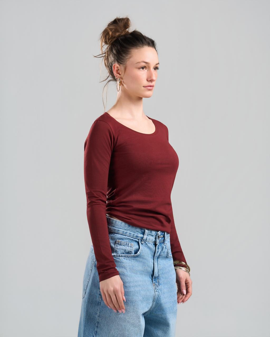 Round Long Sleeve Burgundy Top