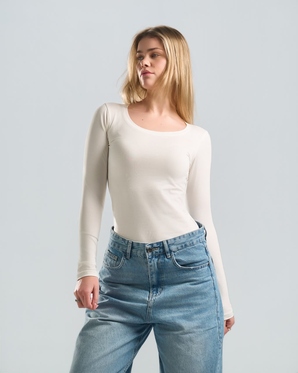 Round Long Sleeve White Top
