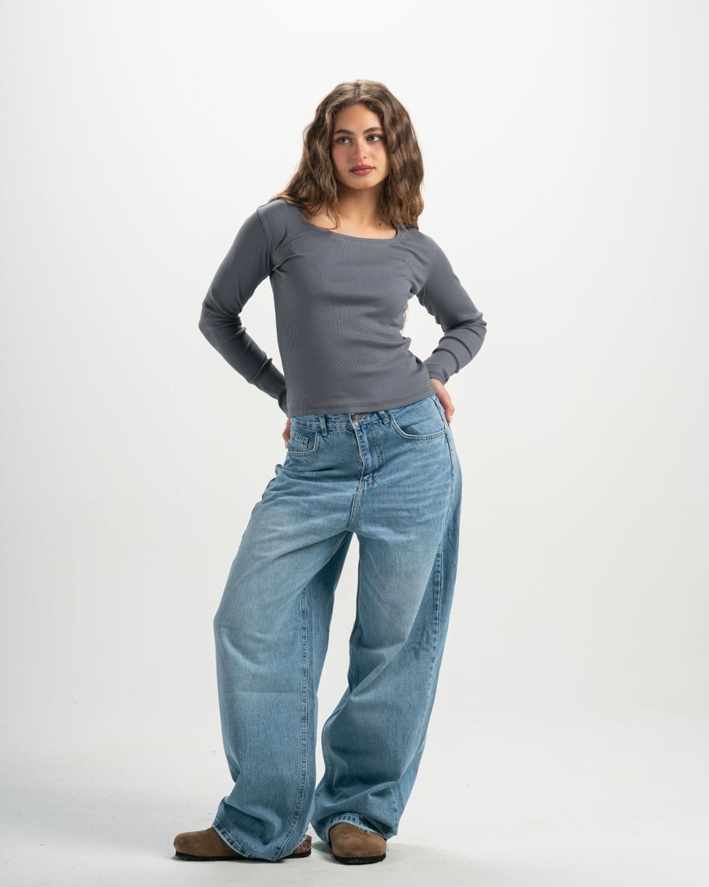 ribbed square neck grey LS top