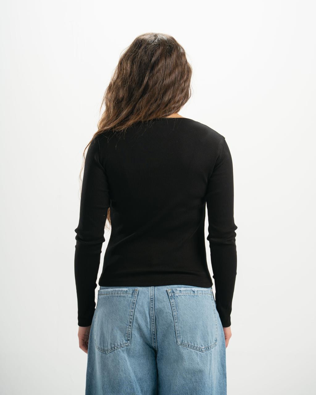 ribbed square neck black LS top