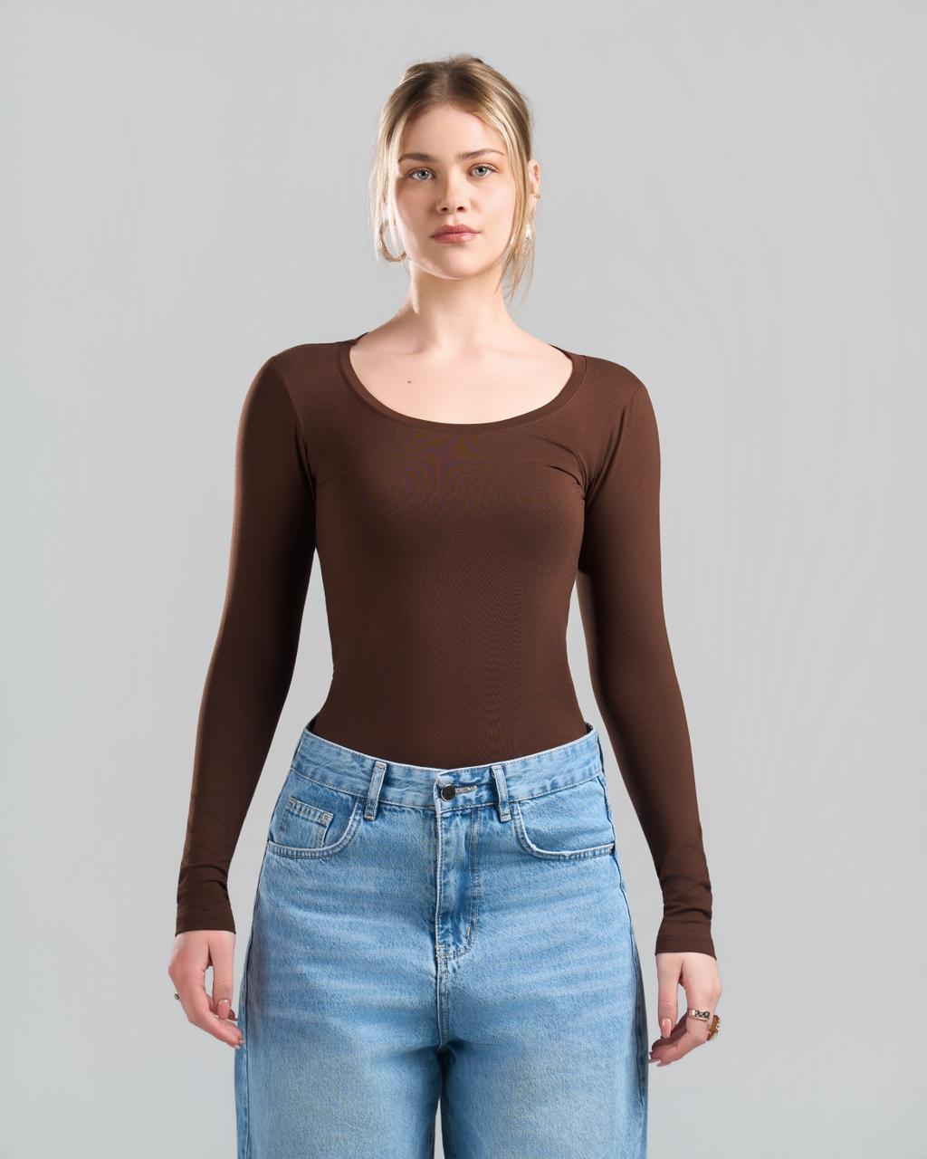 Round Long Sleeve Brown Top