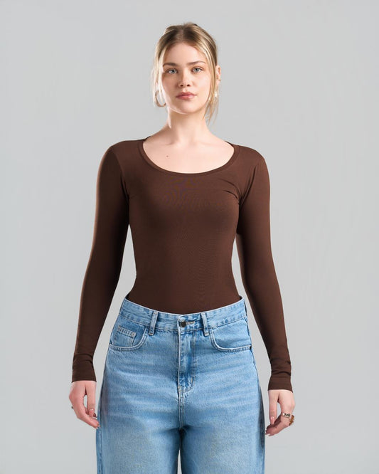Round Long Sleeve Brown Top