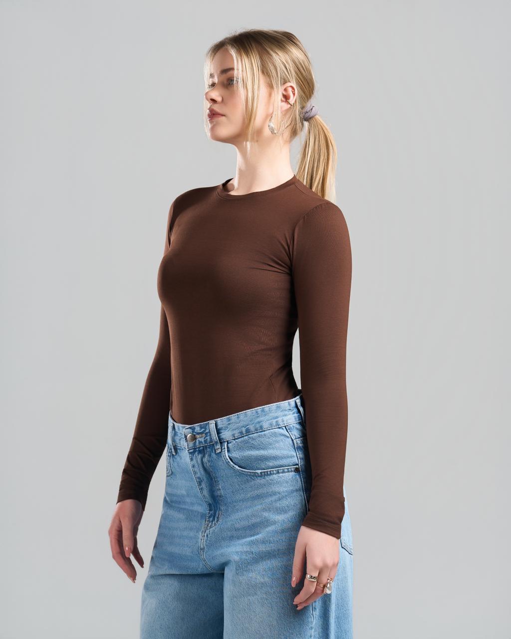U-Neck Long Sleeve Brown Top