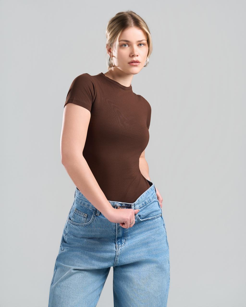U-Neck Short Sleeve Brown Top