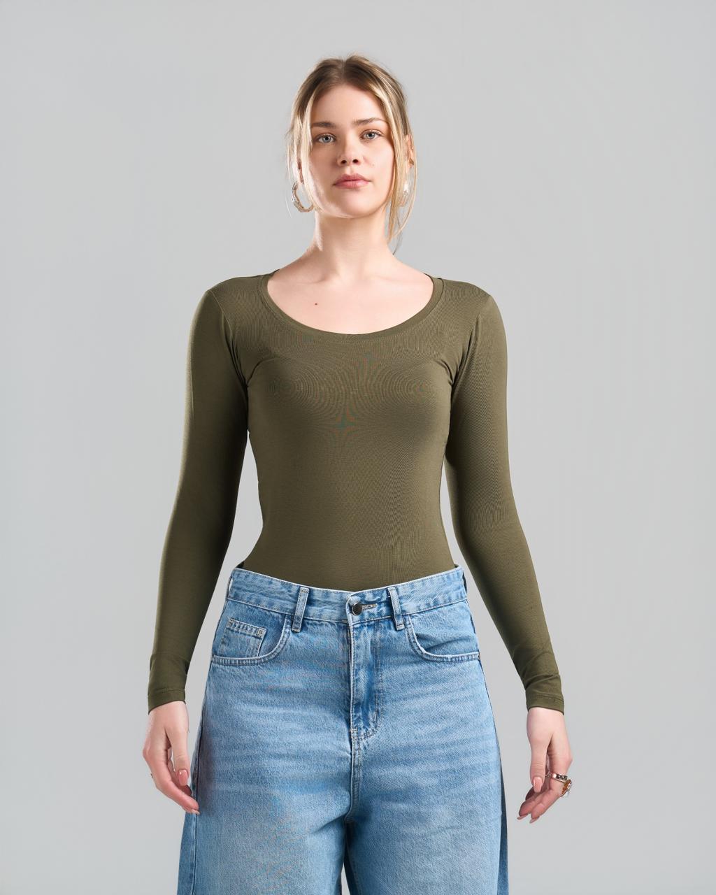 Round Long Sleeve OliveGreen Top