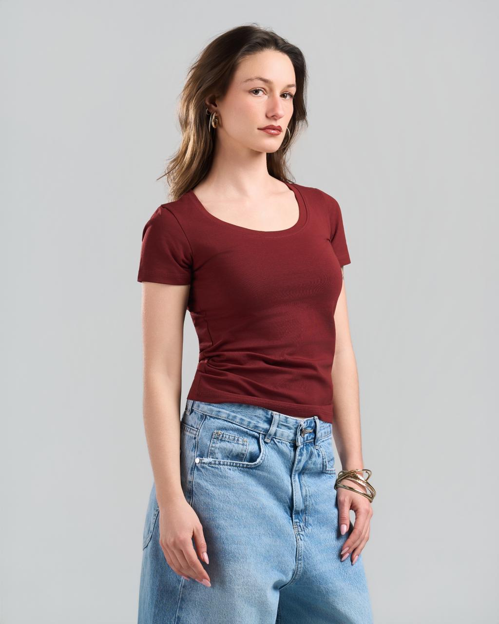 Round Short Sleeve Burgundy Top
