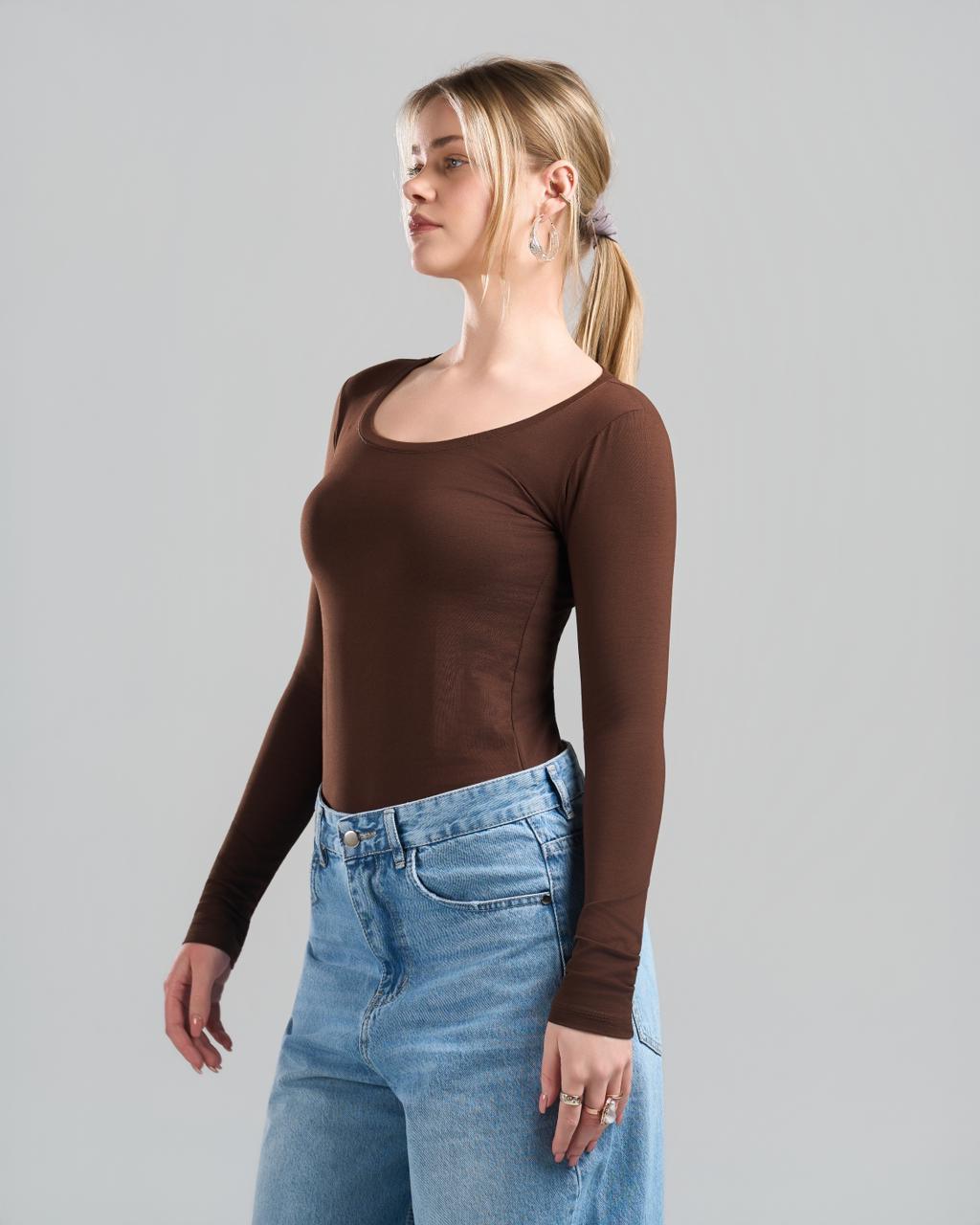 Round Long Sleeve Brown Top