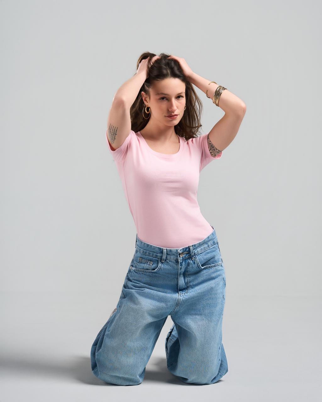 Round Short Sleeve Pink Top