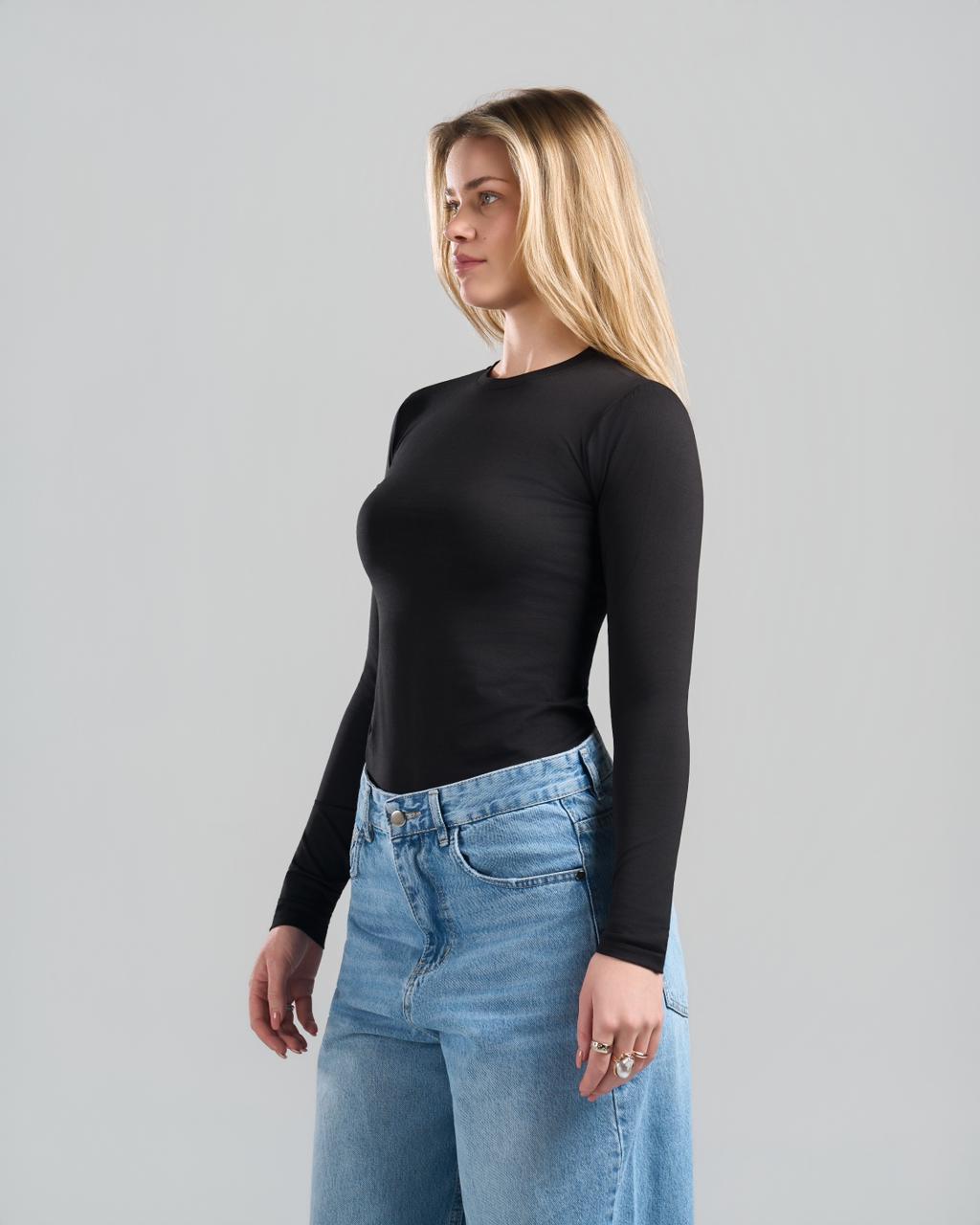 U-Neck Long Sleeve Black Top