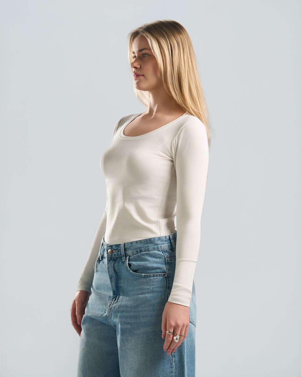 Round Long Sleeve White Top