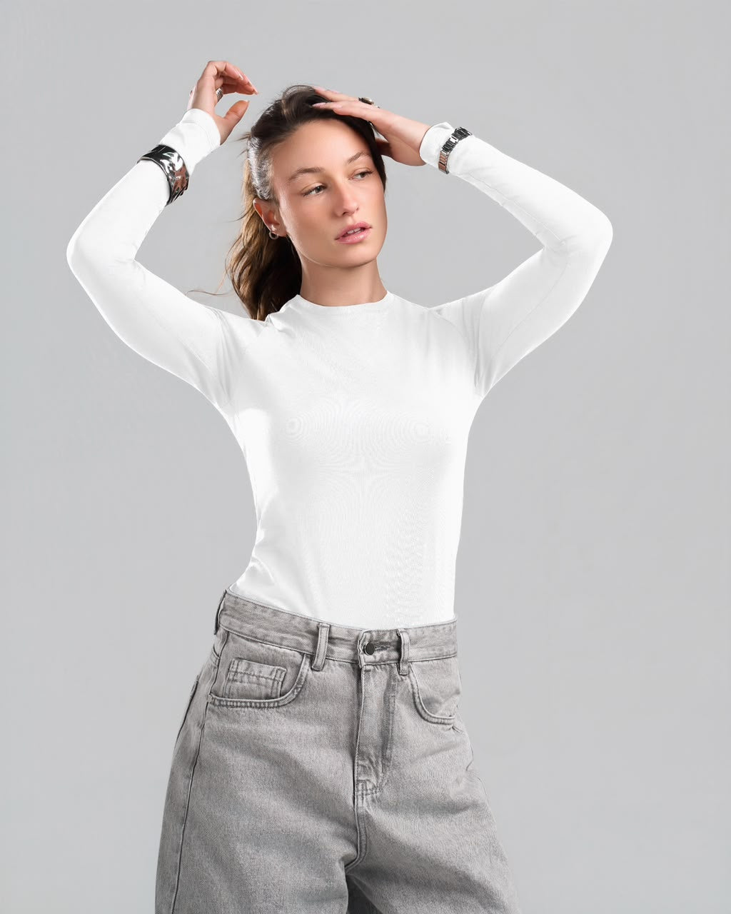 U-Neck Long Sleeve White Top