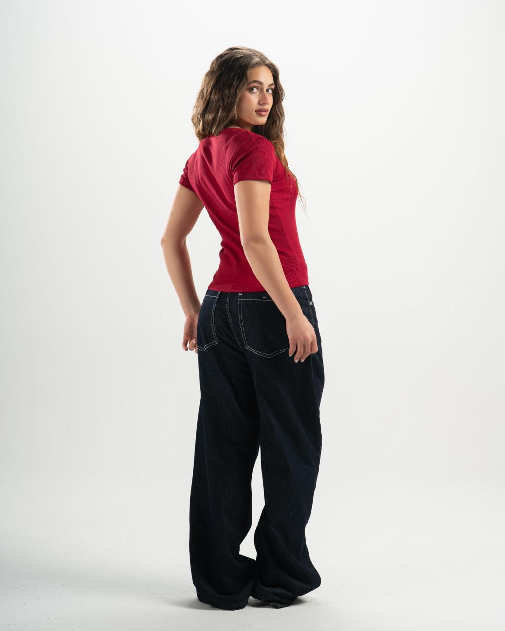 ribbed square neck red SS top