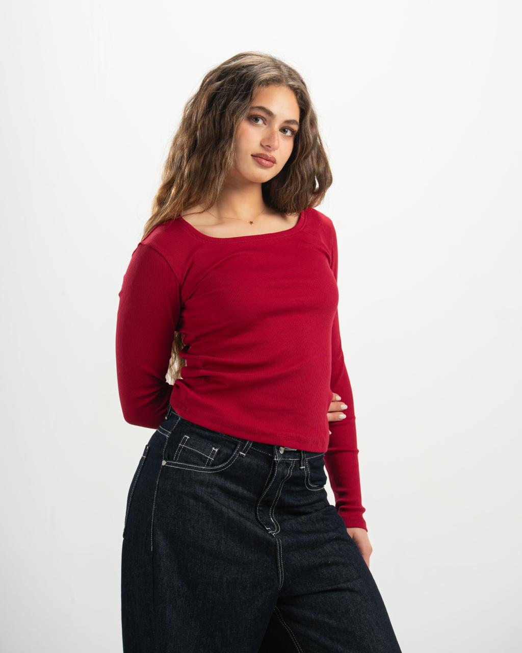 ribbed square neck red LS top