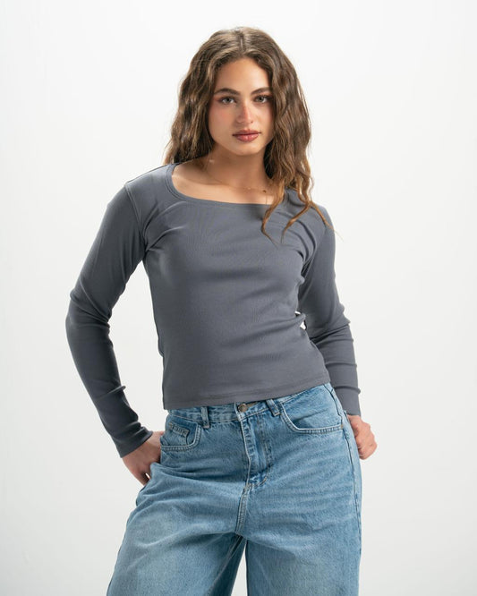 ribbed square neck grey LS top
