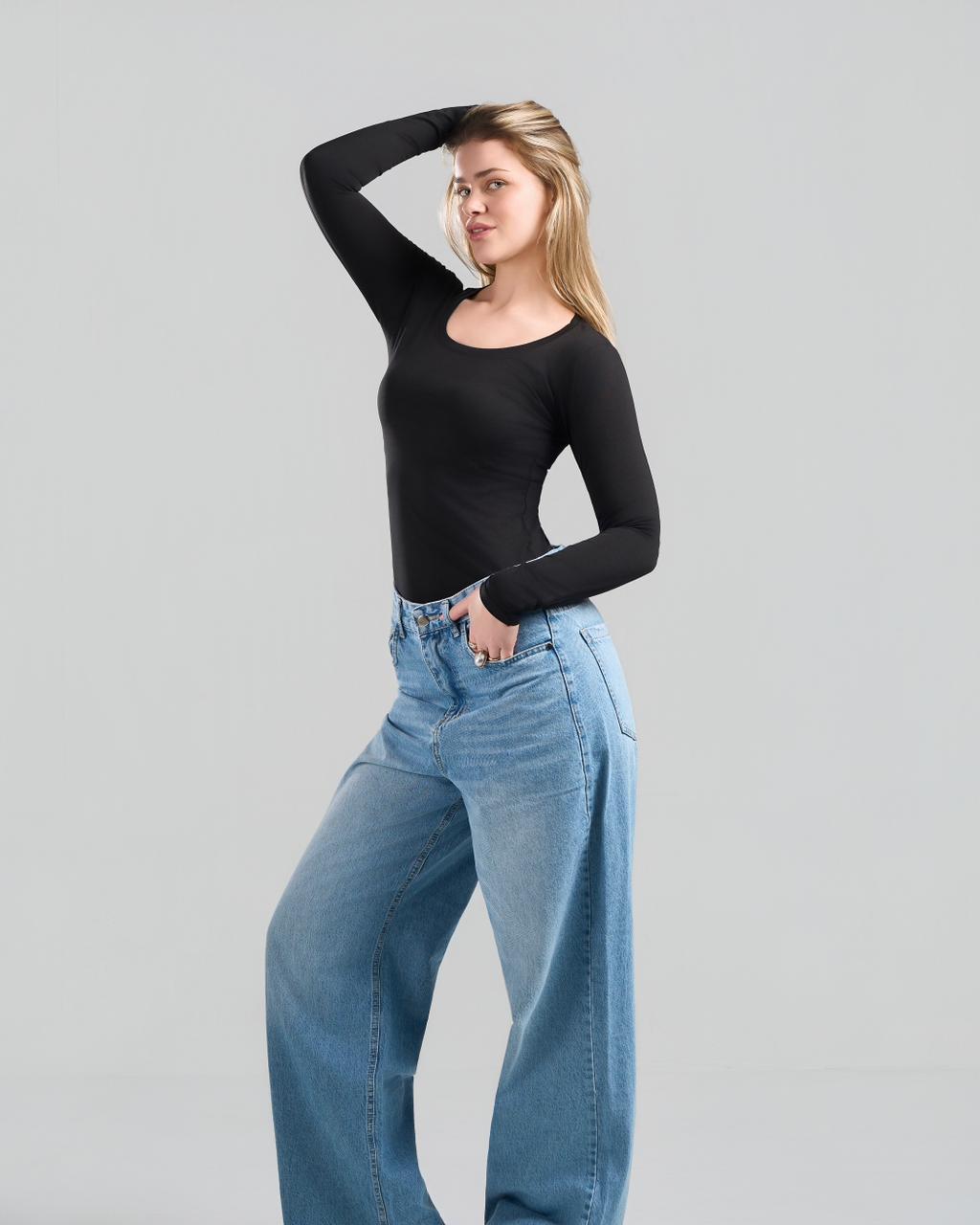 Round Long Sleeve Black Top