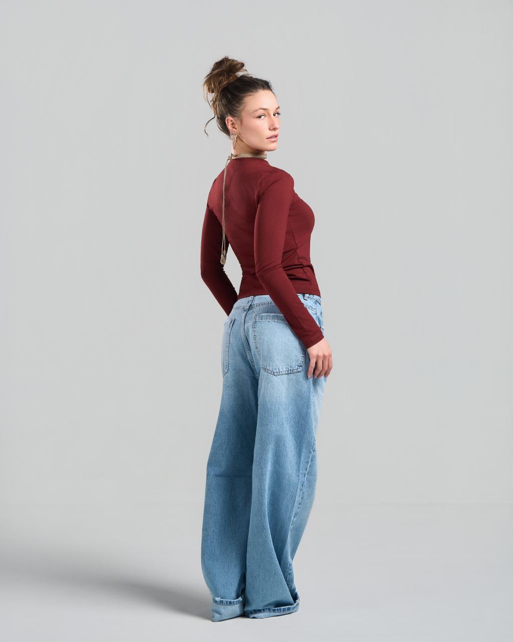 U-Neck Long Sleeve Burgundy Top
