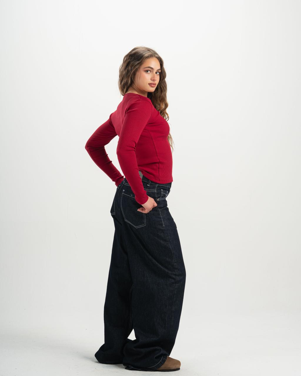 ribbed square neck red LS top
